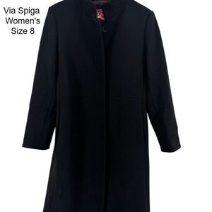 Via Spiga Black Wool Blend Mock‎ Neck Pea Coat Floral Lining Leather Trim Size 8